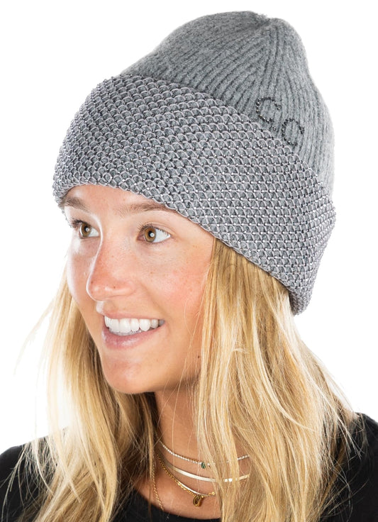 Funky Junque Women's Warm Sparkly Bedazzled Beanie Embellished Rhinestone Winter Hat Soft Stretchy Knitted Cap Made from Recycled Materials - Rhinestone Net - Grey