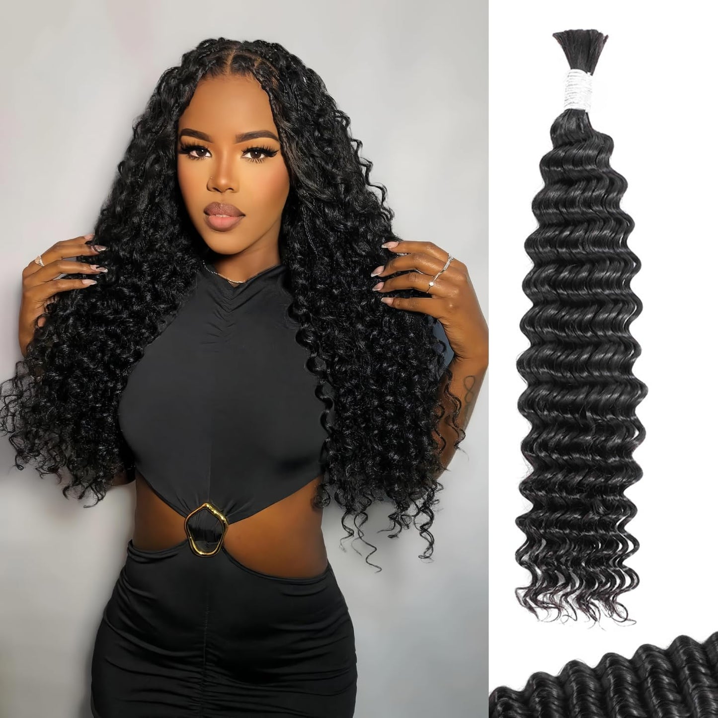 Enaiiby Boho Human Hair Braiding Hair 100g 18 Inch, Deep Wave Curly Human Hair Bundles for Boho Knotless Braids Bulk Hair, 12A No Weft 100% Unprocessed Brazilian Virgin Hair, Naural Black