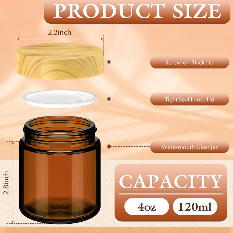 Norme 24 Pcs Glass Jars with Lids Empty Small Glass Containers and Inner Liners Reusable Cosmetic Jars Round Airtight Bottles with Plastic Woodgrain Lids for Storing Lotion (4 oz,Amber)