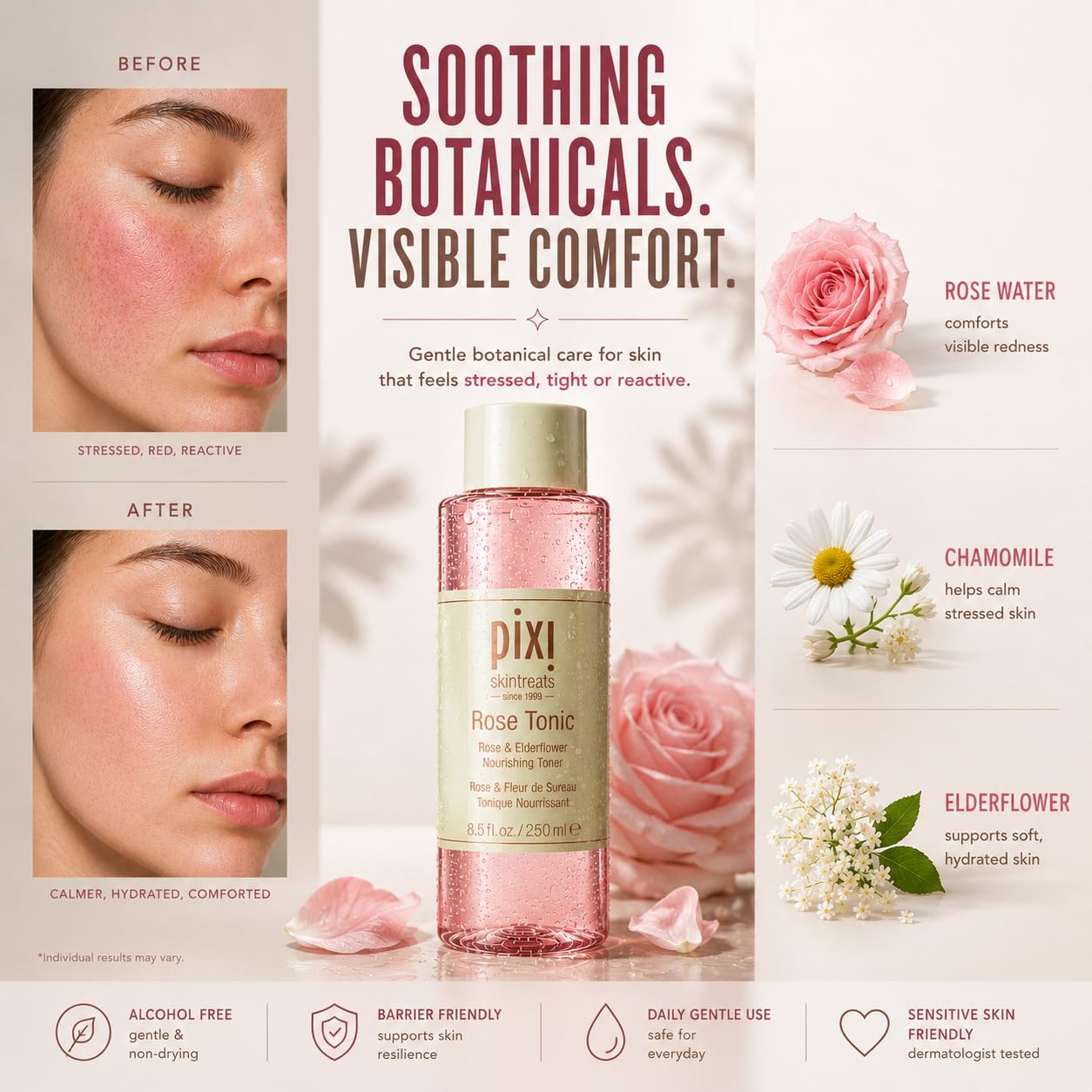 Pixi Rose Tonic Rose Hydrosol Toner Hydrates Skin, Minimize Redness, Rehydrates and Replenishes, 8.5 fl oz/250ml
