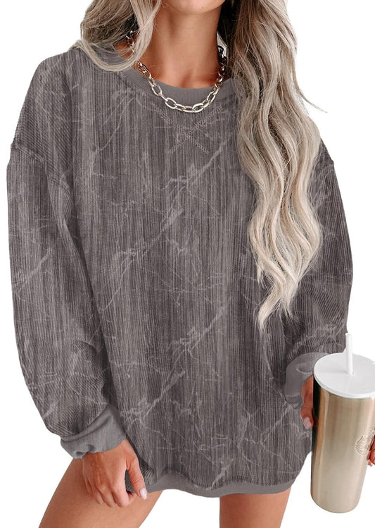ONLYSTORY Womens Camo Tree Sweatshirts Casual Cored Corduroy Pullover Tops Oversized Long Sleeve Crewneck Shirts,CH Dark Gray,L