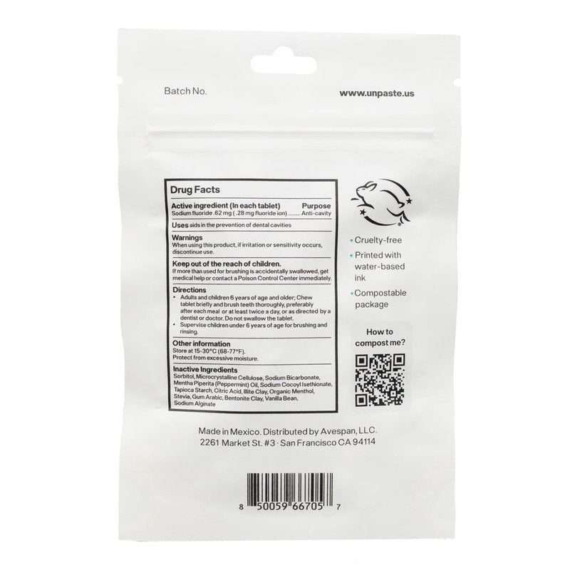 Unpaste Fluoride Toothpaste Tablets, Mint, Nano Hydroxyapatite, Xylitol Free, Travel Friendly Resealable Pouch, Eco-Friendly – 250ct / 4 Month Supply