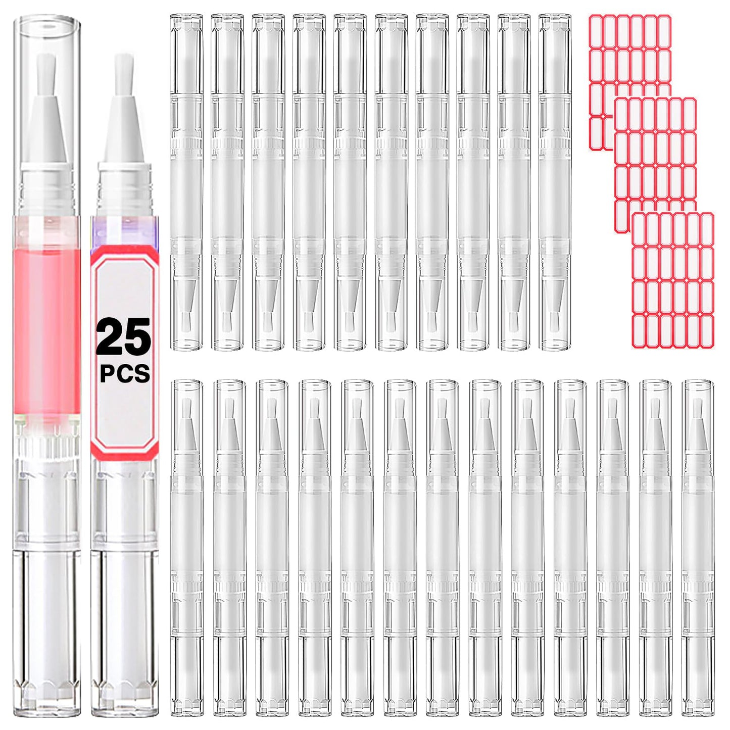Nail Oil Pen 25Pcs 3ml Empty Transparent Twist Pens Cuticle Oil Pen with Brush Tip for Nail Oil, Liquid Foundation, Eyelash Growth Liquid Tube, Empty Cuticle Oil Dispenser + 48pcs Label