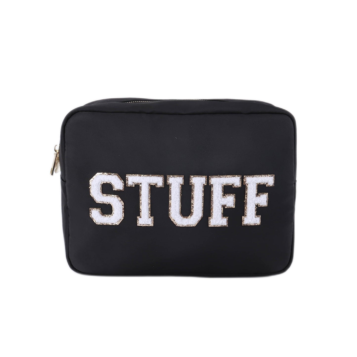 SkyTen Chenille Letter Make Up Bag Nylon Cosmetic Case Stuff Glam Stoney Clover Dupe Travel Organizer (Black, XL)