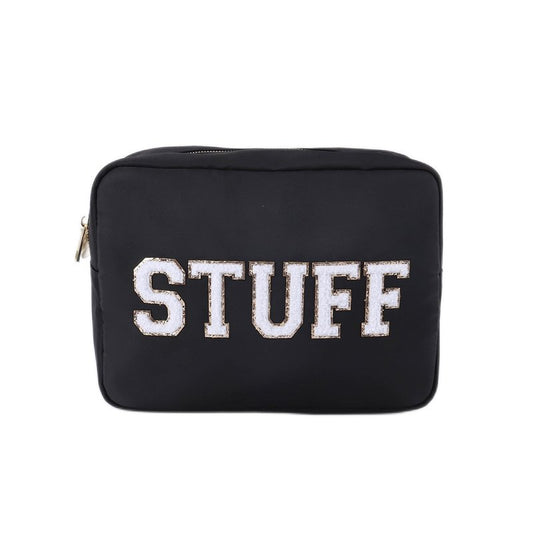 SkyTen Chenille Letter Make Up Bag Nylon Cosmetic Case Stuff Glam Stoney Clover Dupe Travel Organizer (Black, XL)