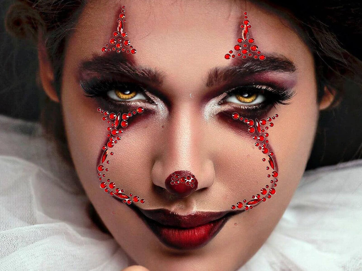 Halloween Clown Face Gems Jewels, Day of the Dead Rhinestone Face Jewels Temporary Skull Tattoos for Women Halloween Makeup Costume