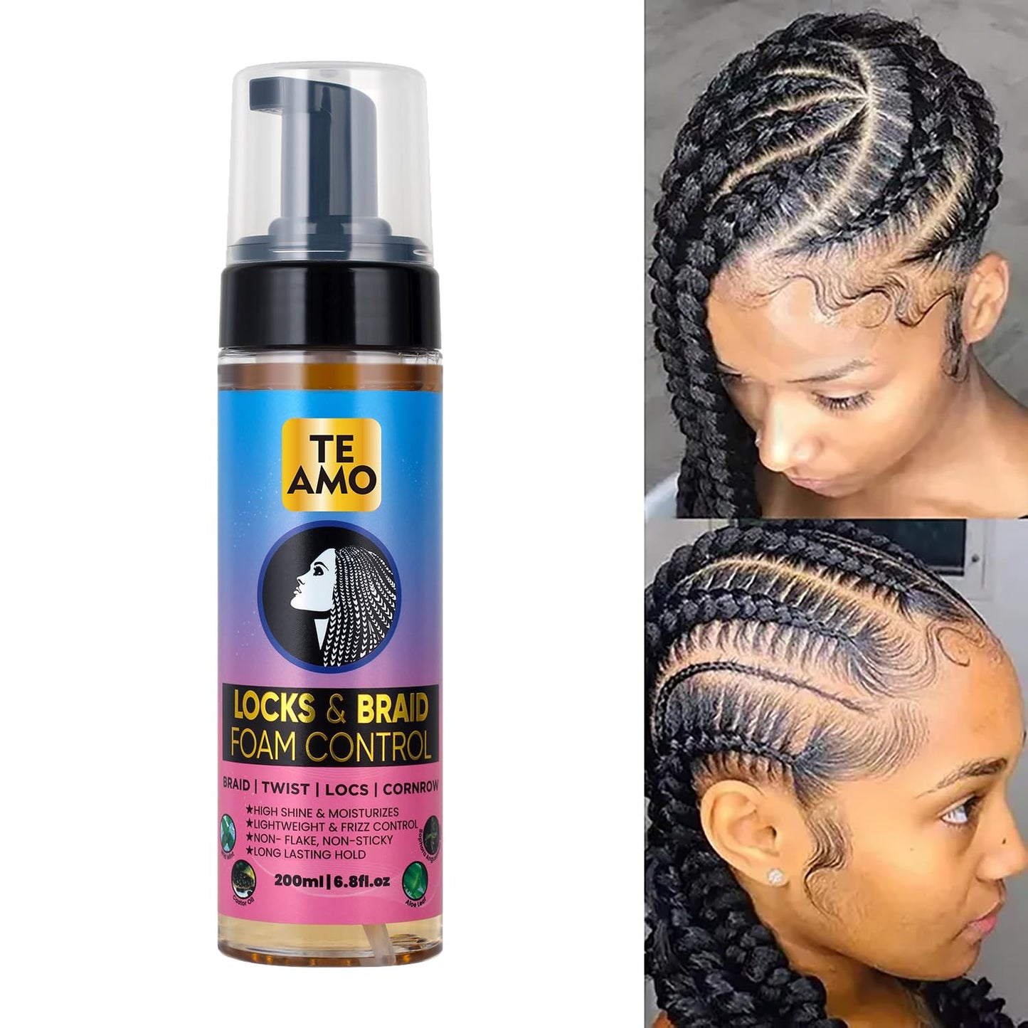 Te Amo Locks & Braid Foam Control – Long-Lasting Braid Foam for braiding | No Frizz or Fraying | Moisturizes & Seals Braids, Locs, Twists & Cornrows (6.8 oz)