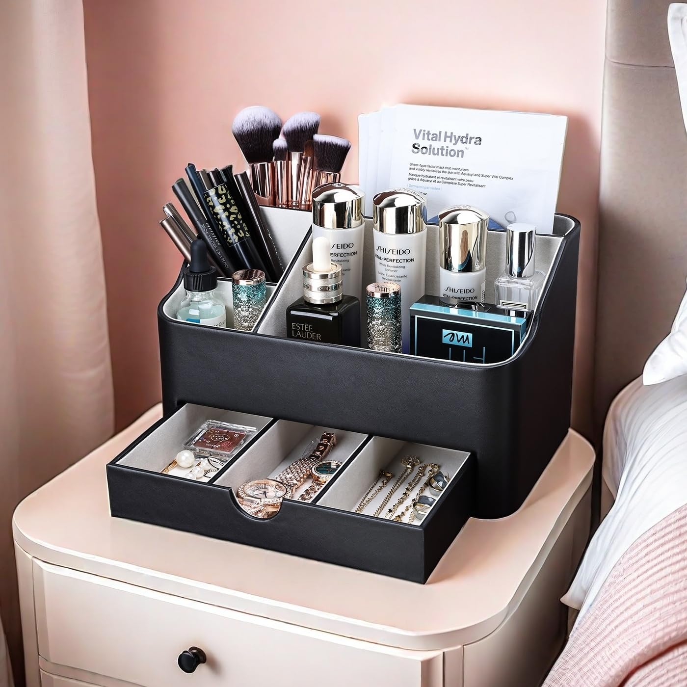 KINGFOM Leather Makeup Organizer with Drawer, Cosmetic Storage for Dresser Countertop and Bathroom Vanity, Beauty Holder for Lipstick Brush Skincare, Mother’s Day Gift for Mom(Black)