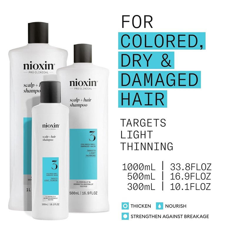 Nioxin System 3 Hair Thickening Shampoo - Nourish Colored & Damaged Hair | Strengthen with Niacinamide & Biotin | 10.1 Fl Oz
