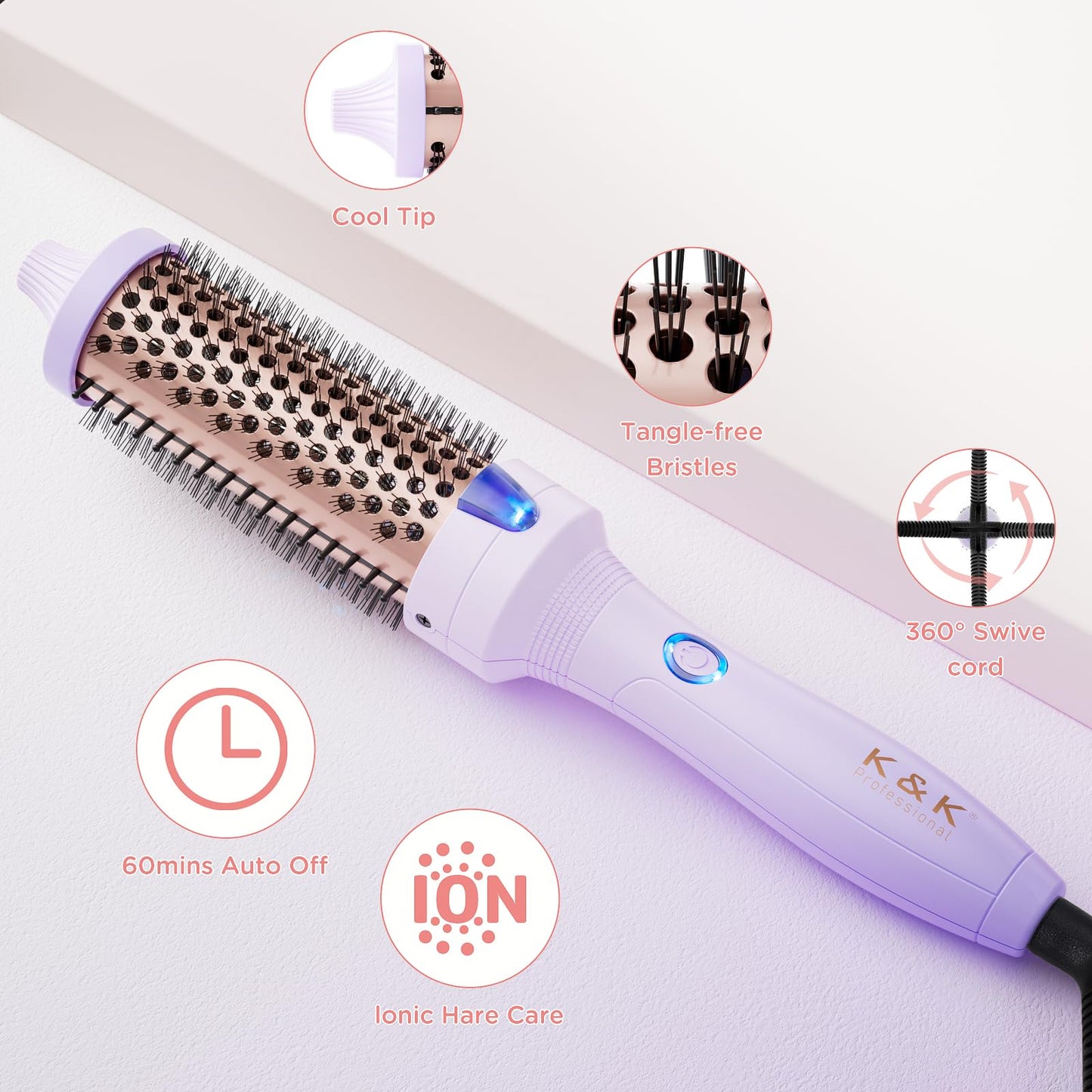 K&K 1.5 inch Volumizing Brush Heated Curling Ceramic Tourmaline Ionic Curling Iron Quick Heating Makes Hair Silky Smooth Dual Voltage Travel-Friendly Straightening Round Design (Purple, 1.5 Inch)