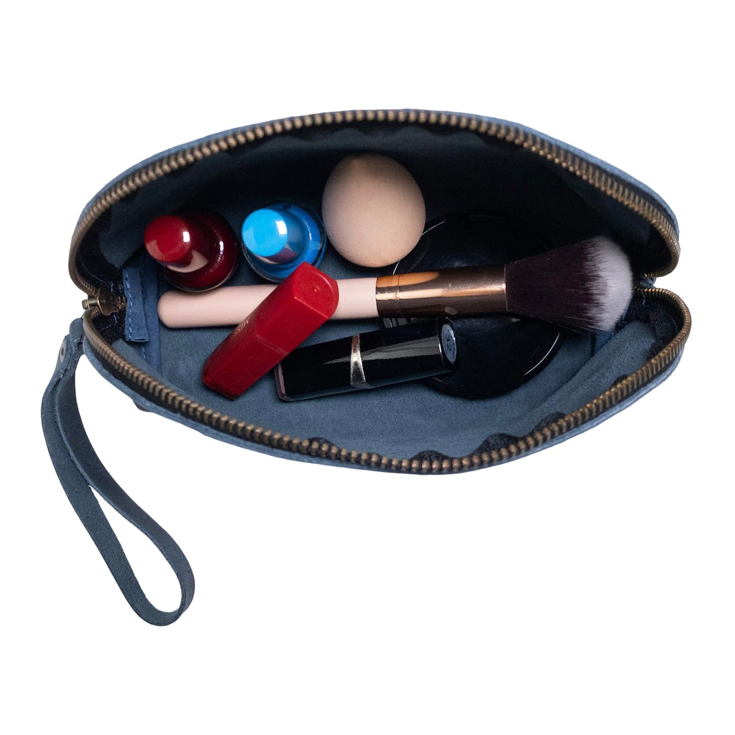 Hide & Drink, Cosmetic Travel Organizer with Hand Strap for Women, Makeup Bag, Classic Handbag, Full Grain Leather, Handmade, Slate Blue