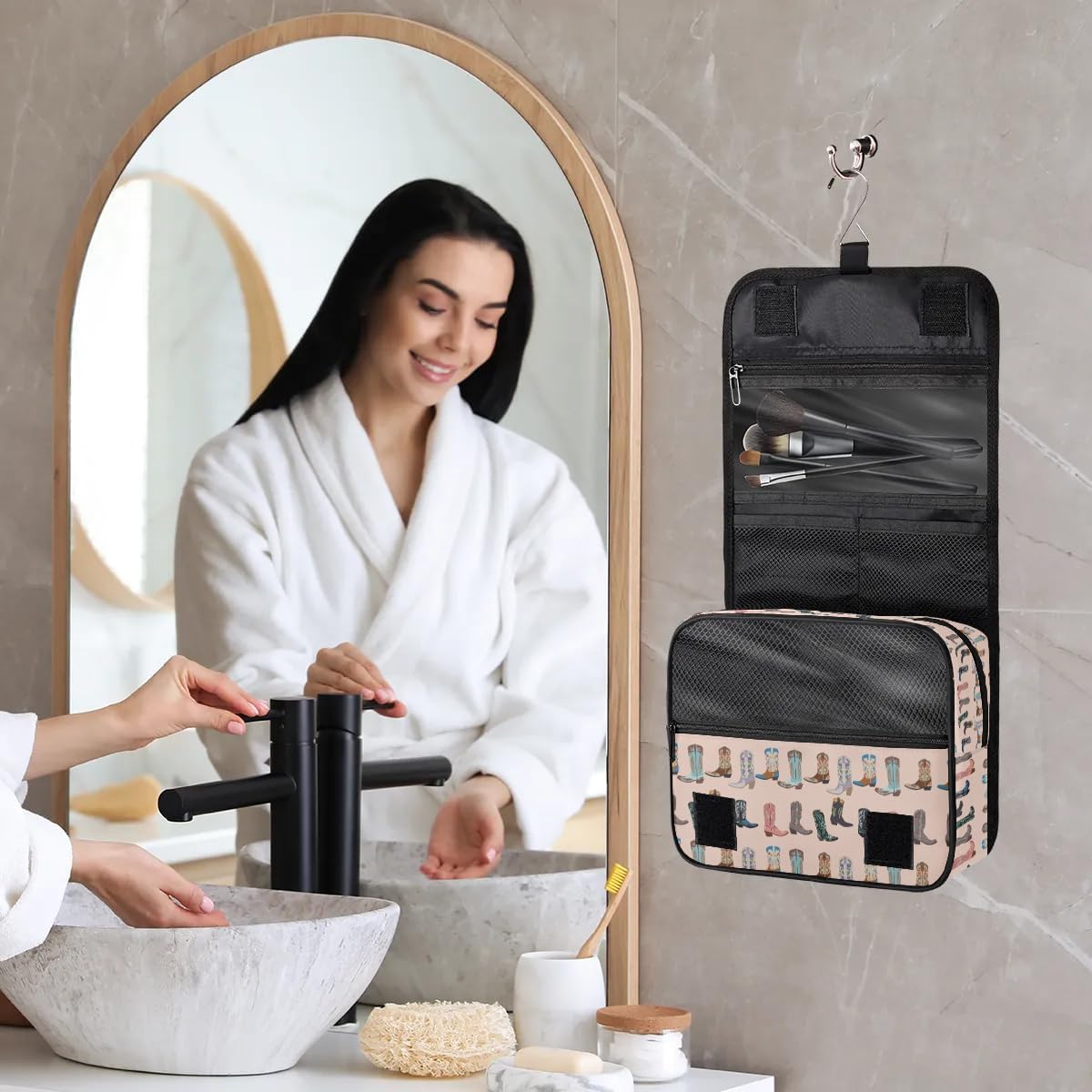 Travel Toiletry Bag - Pink Retro Western Print | Large Makeup Organizer with Hanging Hook