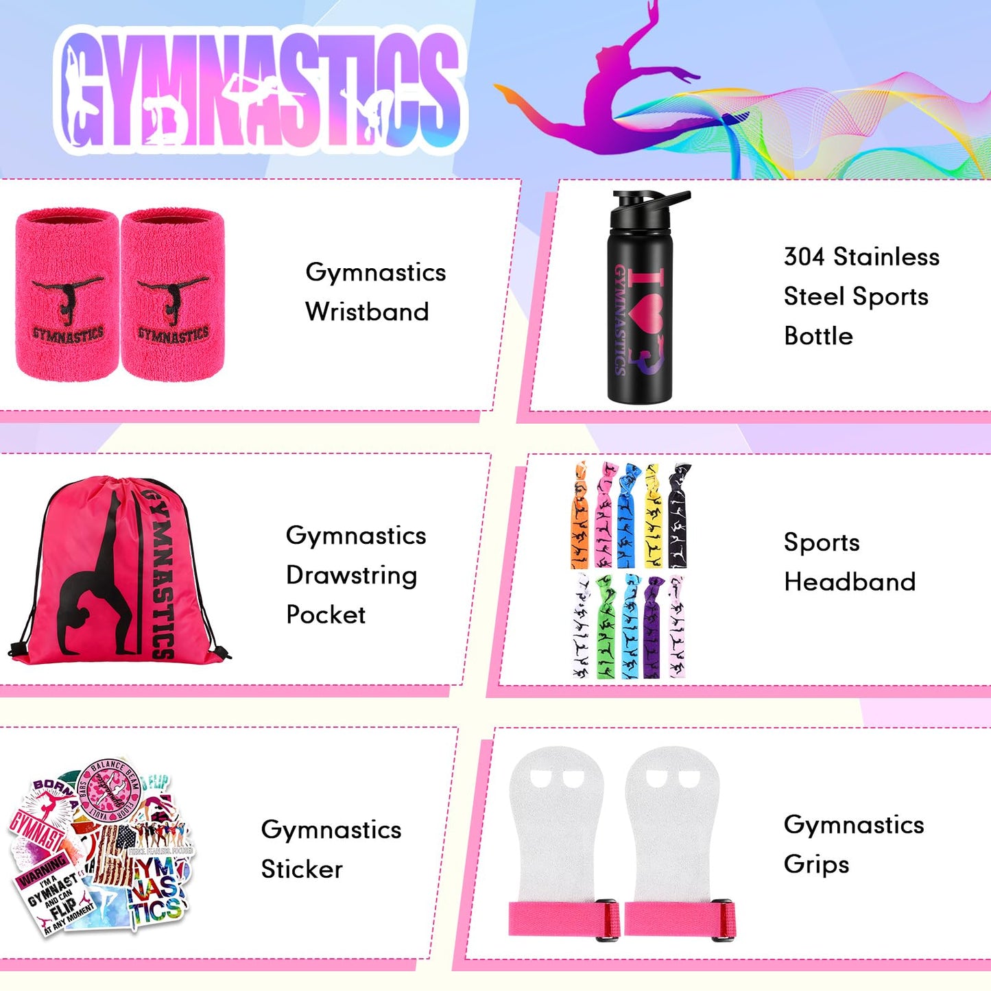 Xtinmee 66 Pcs Gymnastics Gift for Women Girl Pink Gymnastics Party Favor Hand Grip Water Bottle Drawstring Backpack Wristband Hair Tie 50 Tattoo Sticker Stuff Team Birthday Christmas