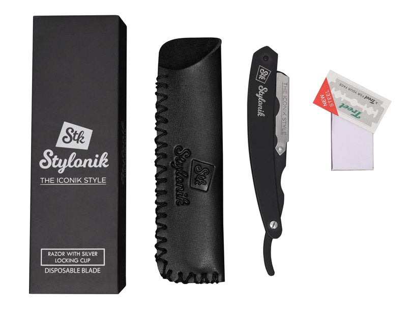 Stylonik Professional Straight Edge Barber Razor – 60 Single/30 Double-Sided Stainless Steel Blades for Men & Women, with Leather Case (Silver)