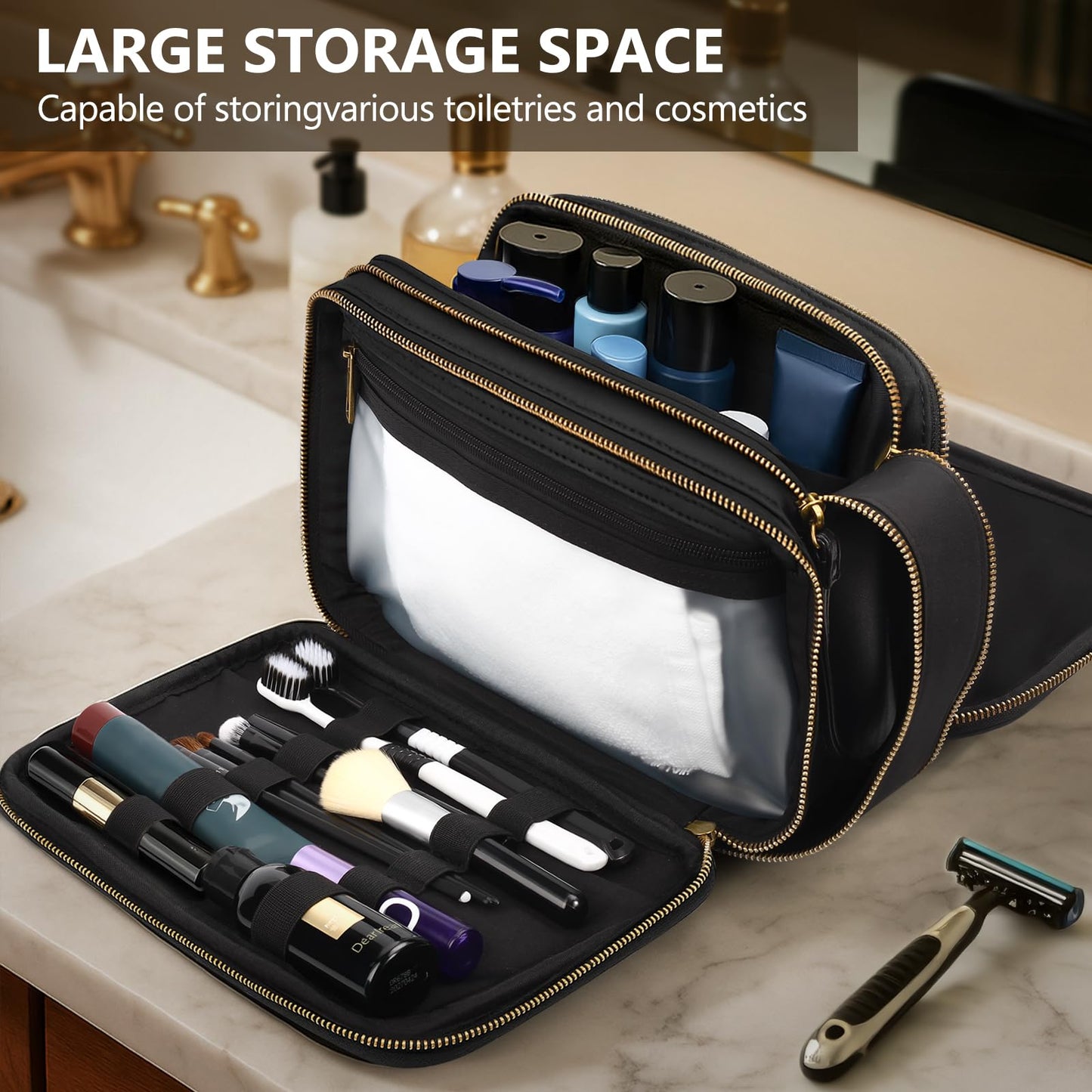BagUrshion Toiletry Bag for Men,Travel Toiletries Bag Mens,Pu Leather Shaving Bag for Toiletries Accessories,Extra Large Traveling Essentials,Water Resistant Organizer (Black)