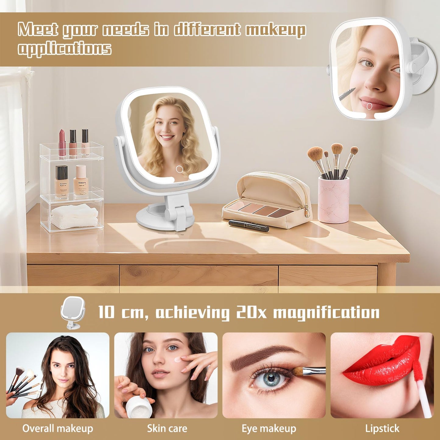 Ukransa Square 30X Magnifying Makeup Mirror with Light, Dual-Sided Suction Cup Vanity Mirror, 3 Lighting Modes & Stepless Dimming, Rechargeable, 360° Rotatable, Portable Wall-Mounted Mirror