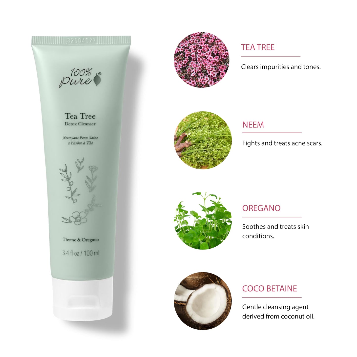 100% PURE Tea Tree Detox Cleanser - Clear Complexion Foaming Face Wash, Acne Blemish Treatment, Deep Skin Cleansing and Pore Declogger for Breakout Prone or Oily Skin - Vegan - 3.4oz