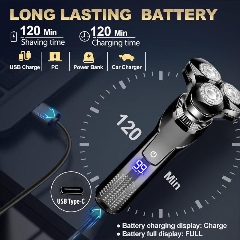 Electric Razor for Men - Waterproof Rotary Shaver with LED Display | Rechargeable Cordless Design