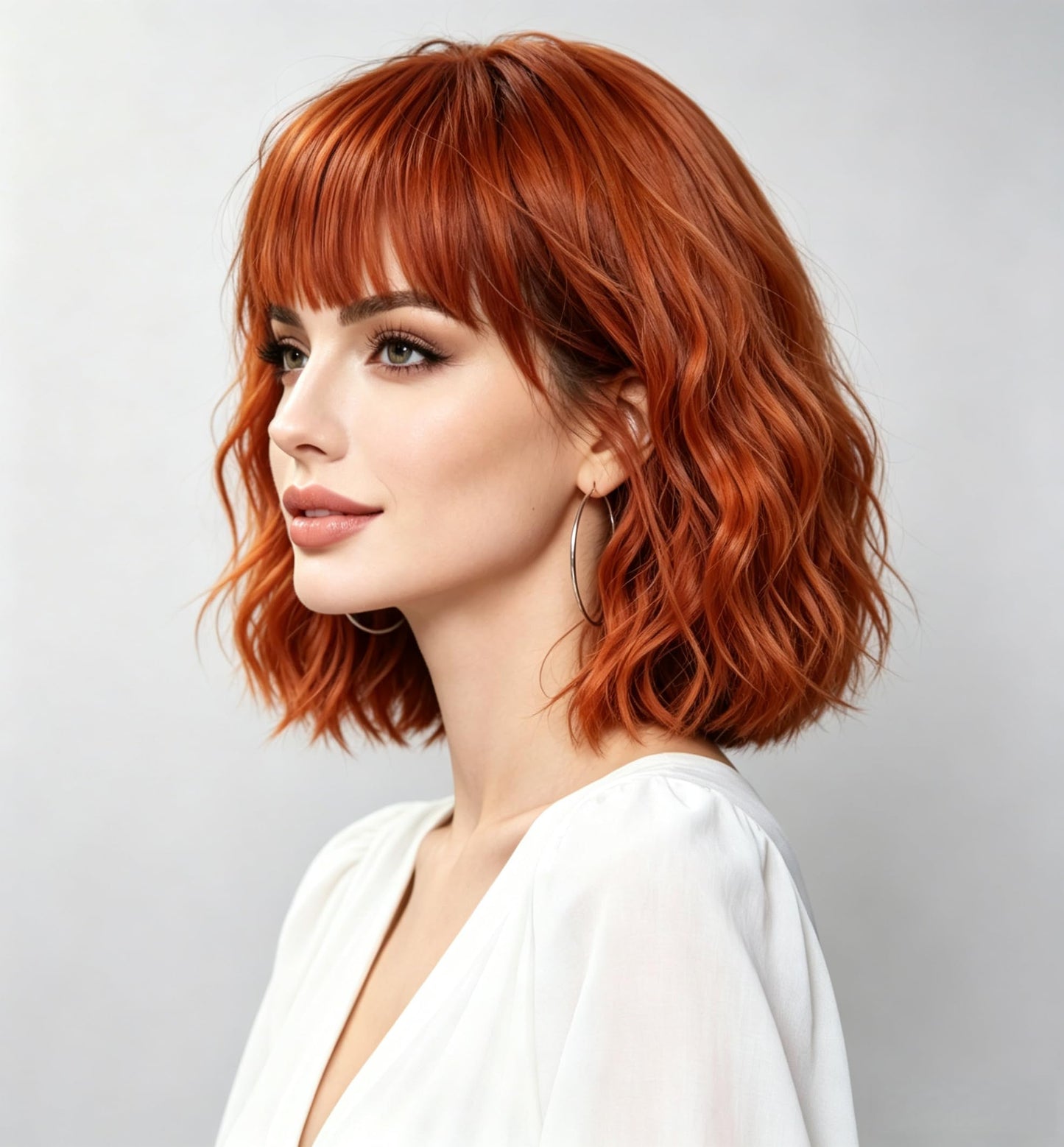 Gerulyss Short Ginger Bob Wig for Women Wavy Shoulder Length Auburn Wig with Bangs Copper Red Synthetic Costume Wig for Halloween,Cosplay,Daily Use