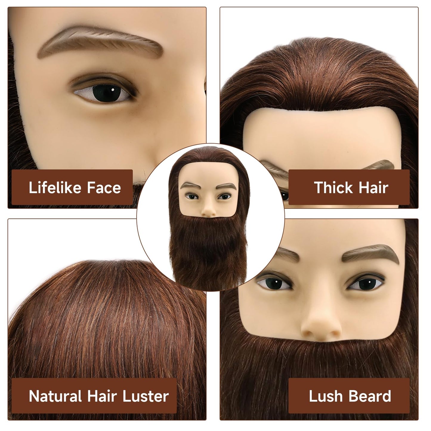 Male Mannequin Head,Training Head with 100% Human Hair 12inch Barber Mannequin Head Male Mannequin Head With Beard for Hair Styling, Practicing Cut Styling（With Beard, Brown）