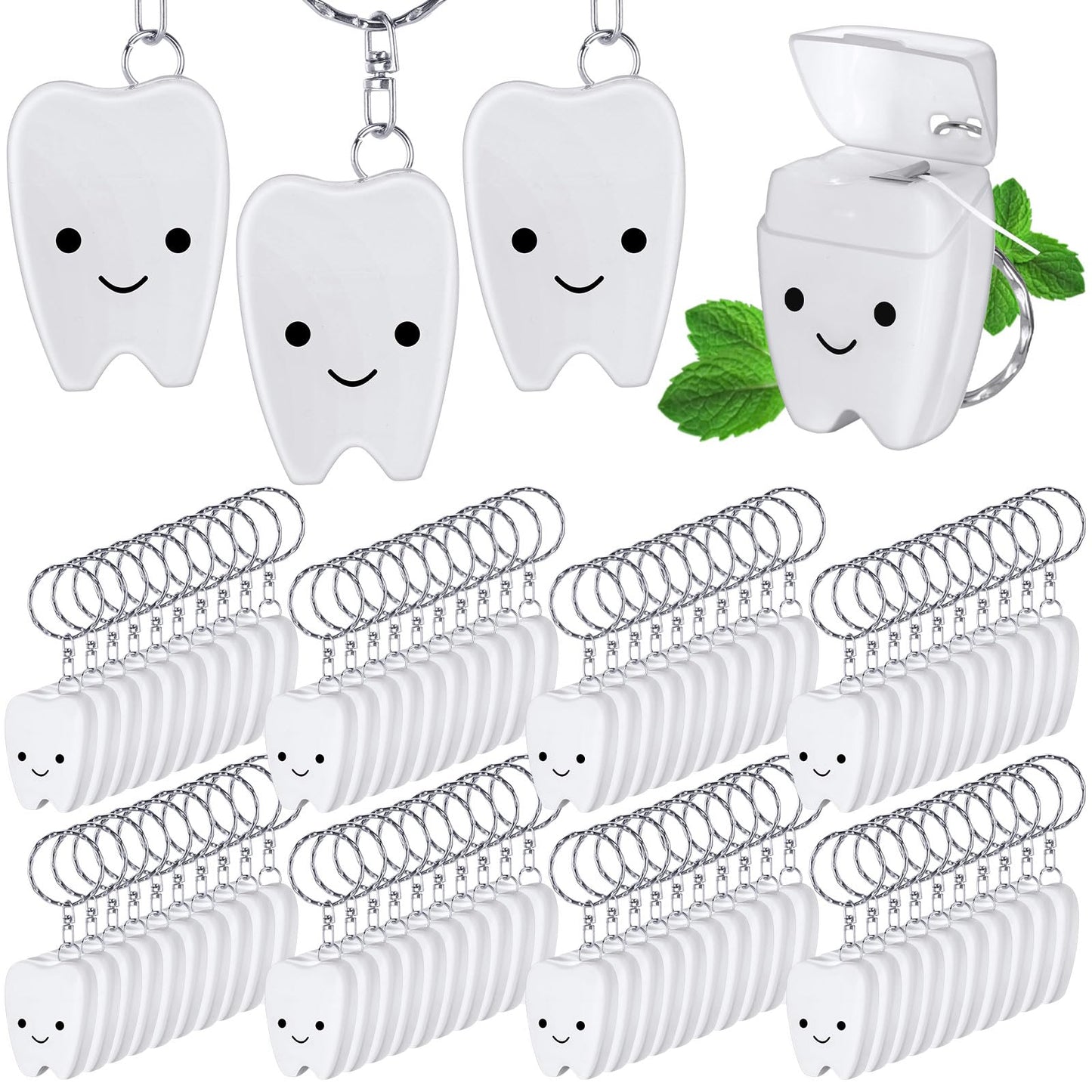 Landical 96 Pcs Mini Dental Floss Keychain Bulk Tooth Shaped Portable Teeth Floss Cleaning for Homeless Party Favors Travel Donated Gifts Teeth Cleaning Oral Care Mint Flavor 15 M /16. 4 Yard
