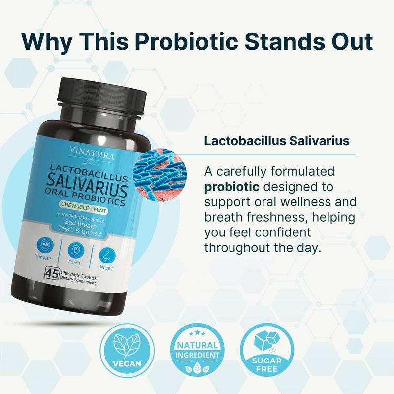 VINATURA Lactobacillus Salivarius Oral Probiotics - Mouth Bad Breath Treatment for Adults, Dental probiotics for Teeth and Gums, Throat, Ear, Nose - 45 Chewable Mint Tablets