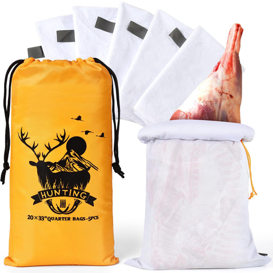 Deer Game Bags Elk Hunting Bags Taslon Meat Bag Reusable 33-Inch Heavy Duty Drawstring Hunting Meat Bags Game Quarter Bag with Reflective Strip, 5 Pack