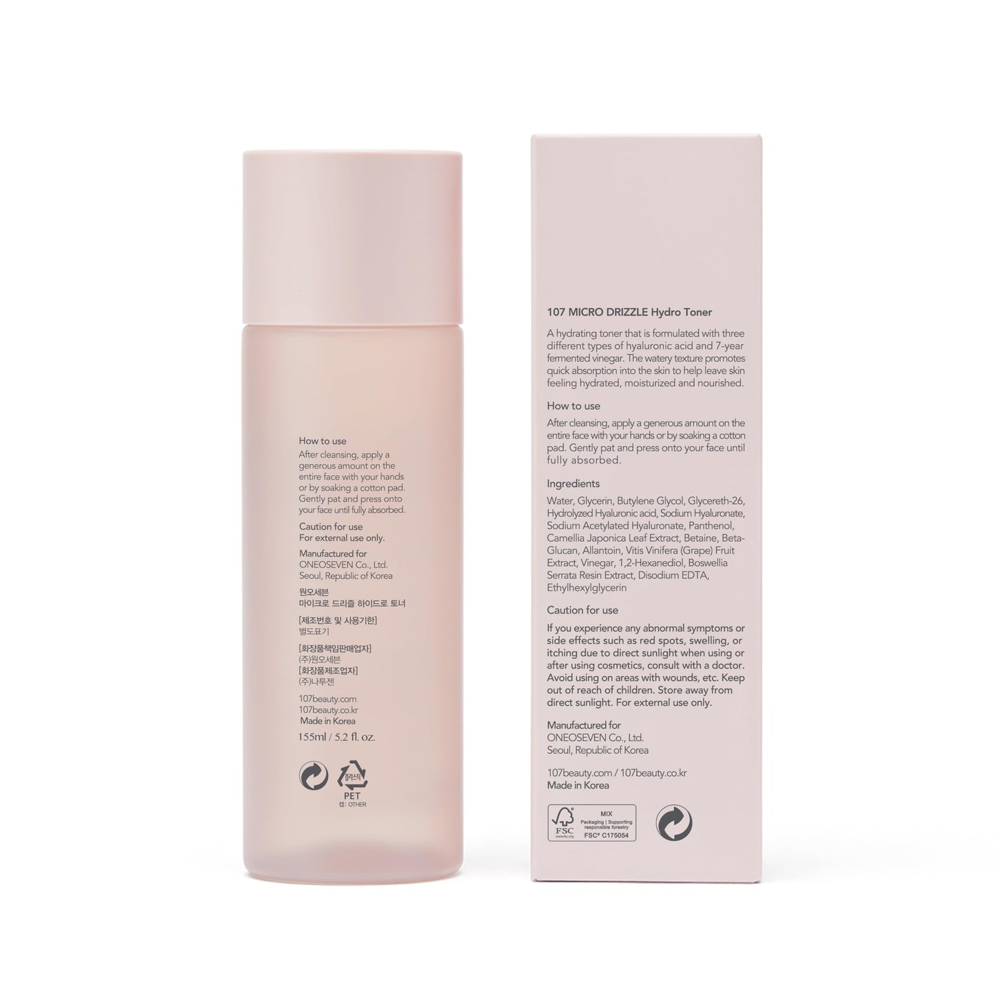 107 Hyaluronic Acid Toner, Lightweight Face Moisturizer, Hydrates, Soothes, and Balances Skin, Refreshing Micro Toner for Dry Skin (5.2 fl oz)