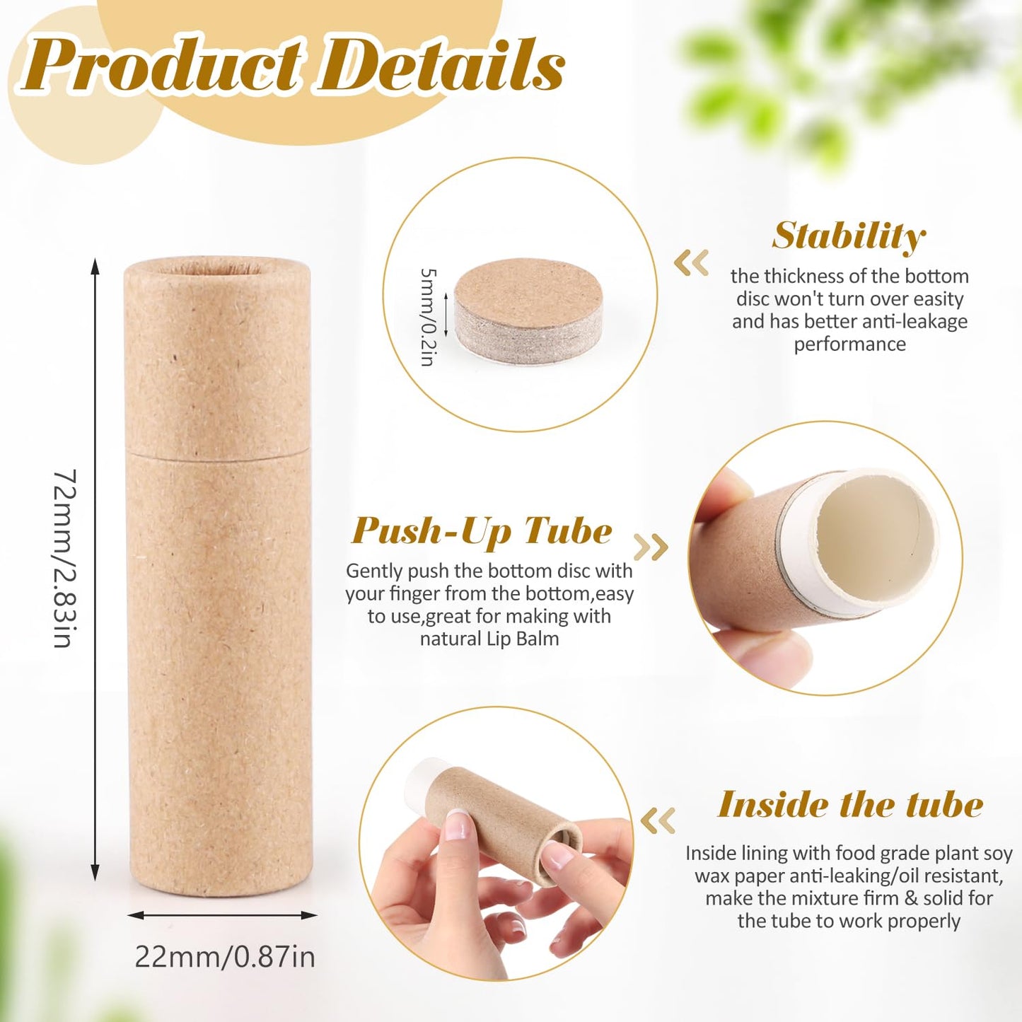 DMuuuDM 15 Pcs 0.3 oz Paperboard Lip Balm Tubes,Empty Kraft Paper Chapstick Tube Holder,Push-Up Style Biodegradable Solid Lip Gloss Container for DIY Homemade Balm,Natural Packaging Container - Brown