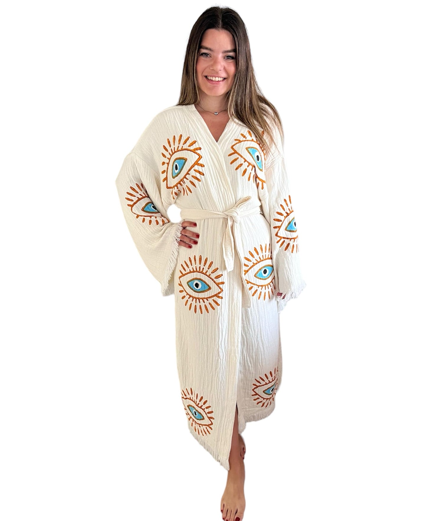 Handmade Evil Eye Kimono - Women Beach Cover Up - Festival Bohemian Robe - Boho Cotton Cardigan - Dressing Gown (Gold Eyes)