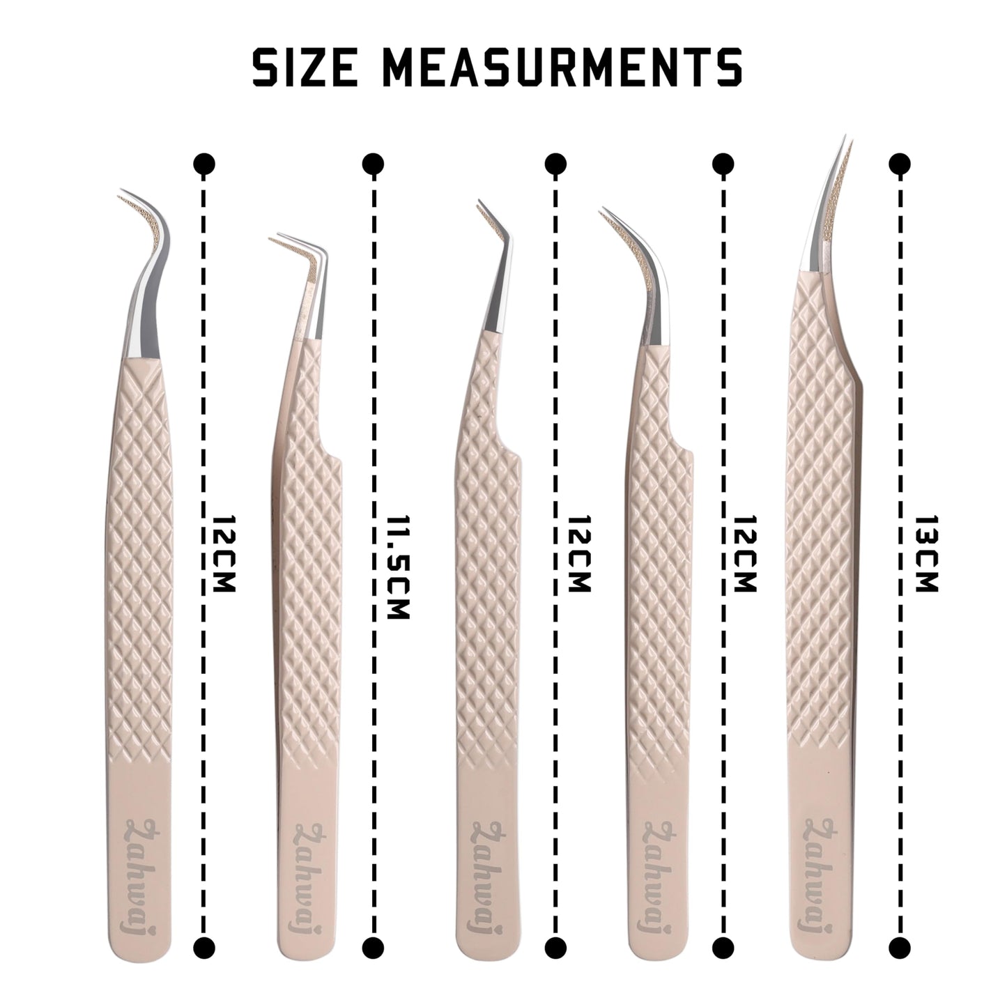 ZAHWAJ Fiber Tip Lash Tweezers - Set of 5 Diamond Grip Eyelash Extension Tweezers, Japanese Stainless Steel Tweezers Set for Volume, Isolation & Classic Lashes (Beige)