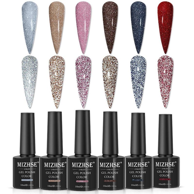 MIZHSE Diamond Gel Nail Polish Set - Reflective Colorful Glitter for Stunning Nails | 6 Shades