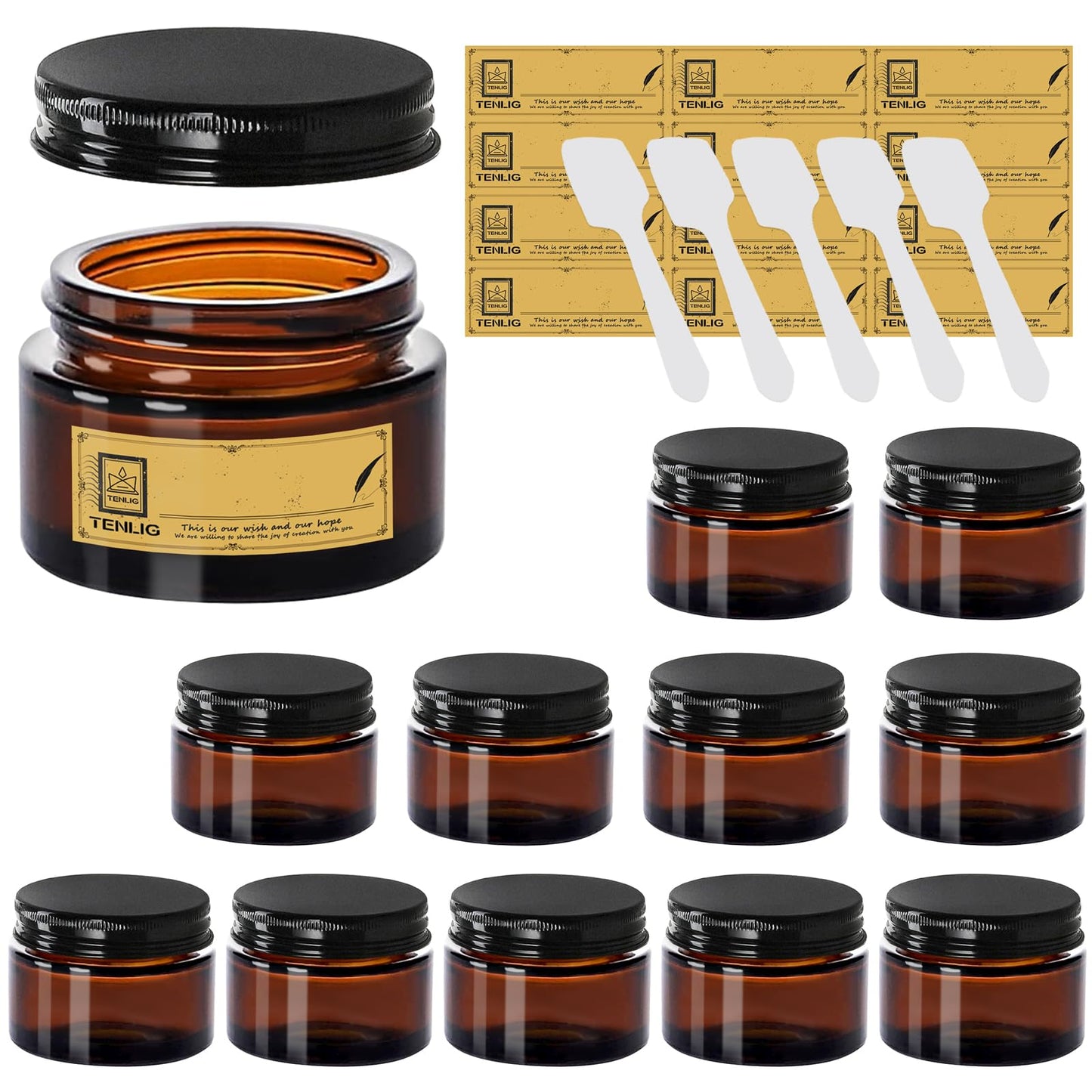 TENLIG 1.75 oz Glass Jars with Lids,Amber,12 Pack Empty Cosmetic Containers with Inner Liners,Black Metal Lid,Refillable Round Airtight Jars,Use to store Lotion,Powders,Candle Making