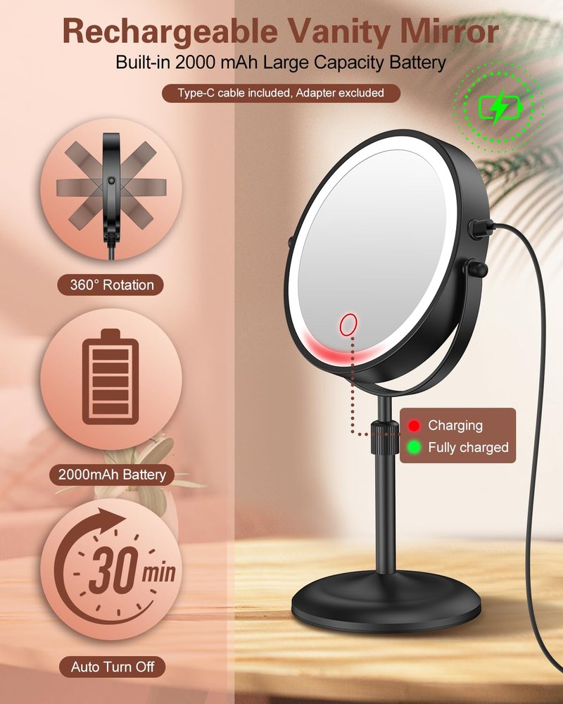 Benbilry 7" Lighted Makeup Mirror with 10X Magnification & 3 Color Lights, Adjustable Brightness & Height, 360° Swivel Rechargeable LED Magnifying Make Up Vanity Mirror with Lighting (Black)