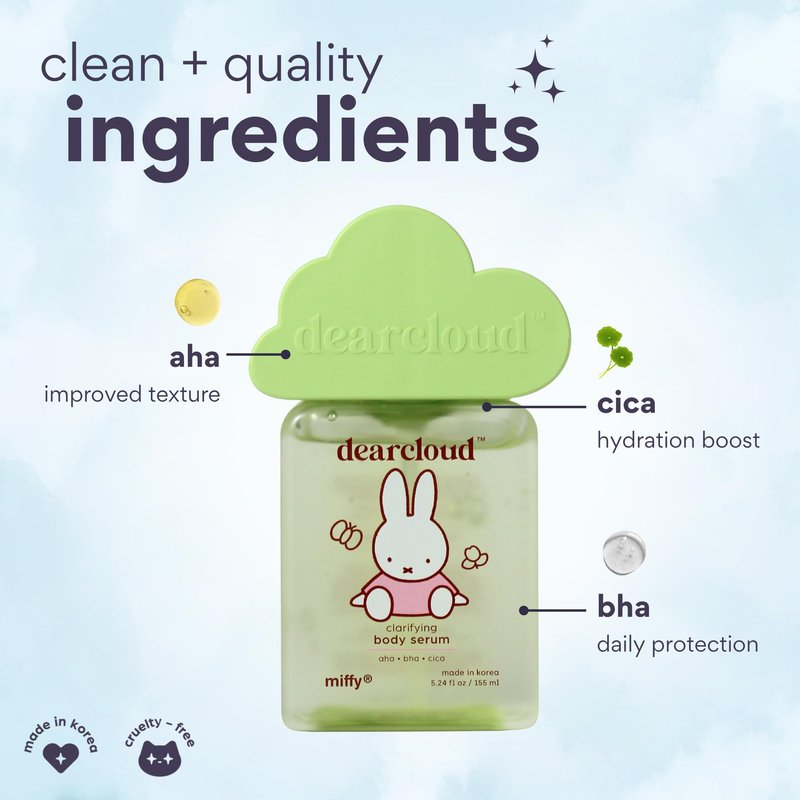 dearcloud Miffy Clarifying Body Serum – Ultra Hydrating Serum with AHA/BHA/Cica – Korean Skin Care Body Serum for Smooth, Clear Skin (5.24 fl oz)