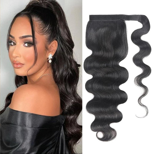 Humistwbiu Human Hair Body Wave Ponytail with Magic Paste Warp Around 100% Brazilian Virgin Human Hair Ponytail for Black Women Natural Color 18 Inch
