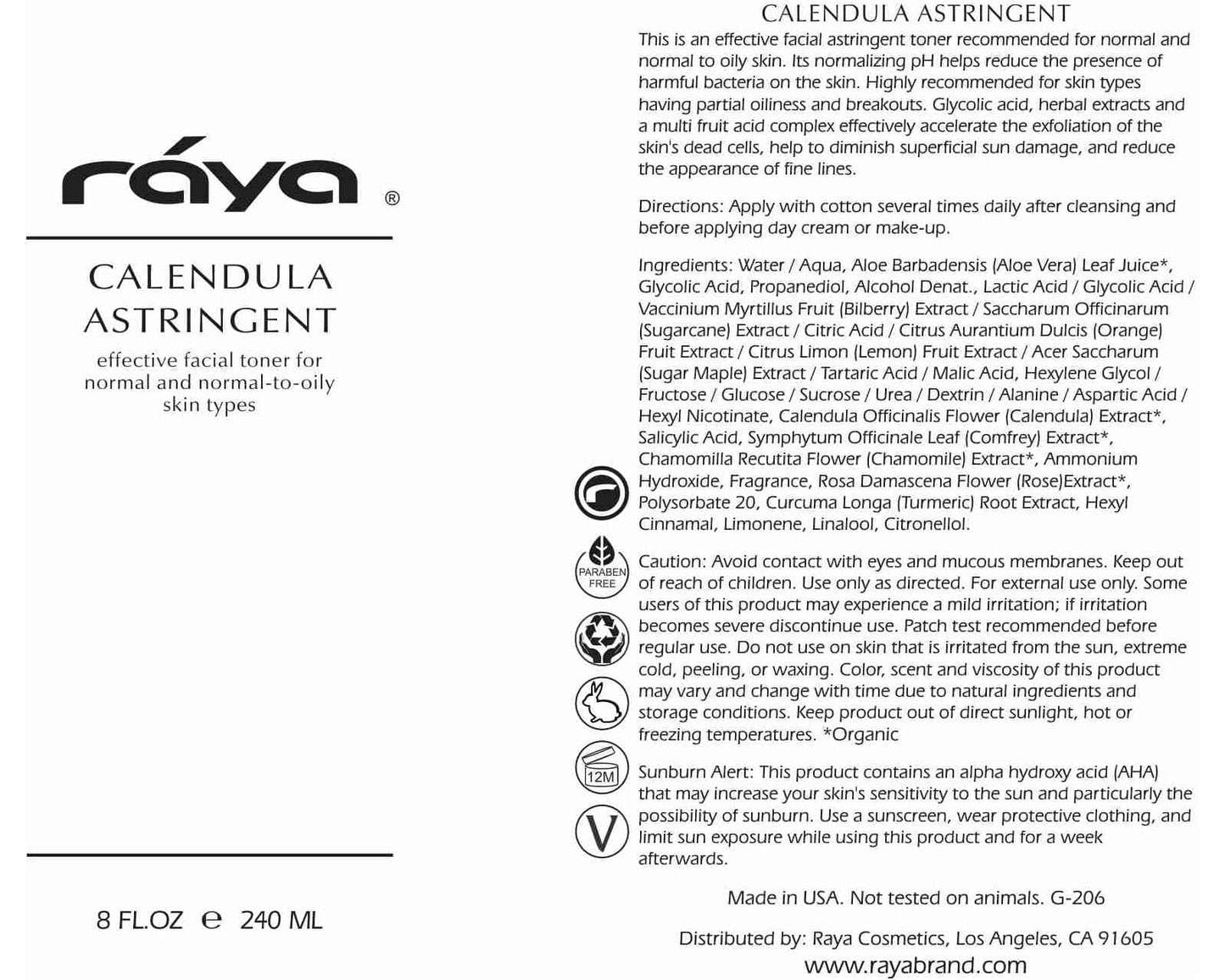 RAYA Calendula Astringent with AHA 8 oz (G-206) | Glycolic Facial Toner for Combo and Partially Oily Skin Prone to Break-Outs | Helps Normalize pH and Fight Bacteria | Made with Alpha Hydroxy Acids