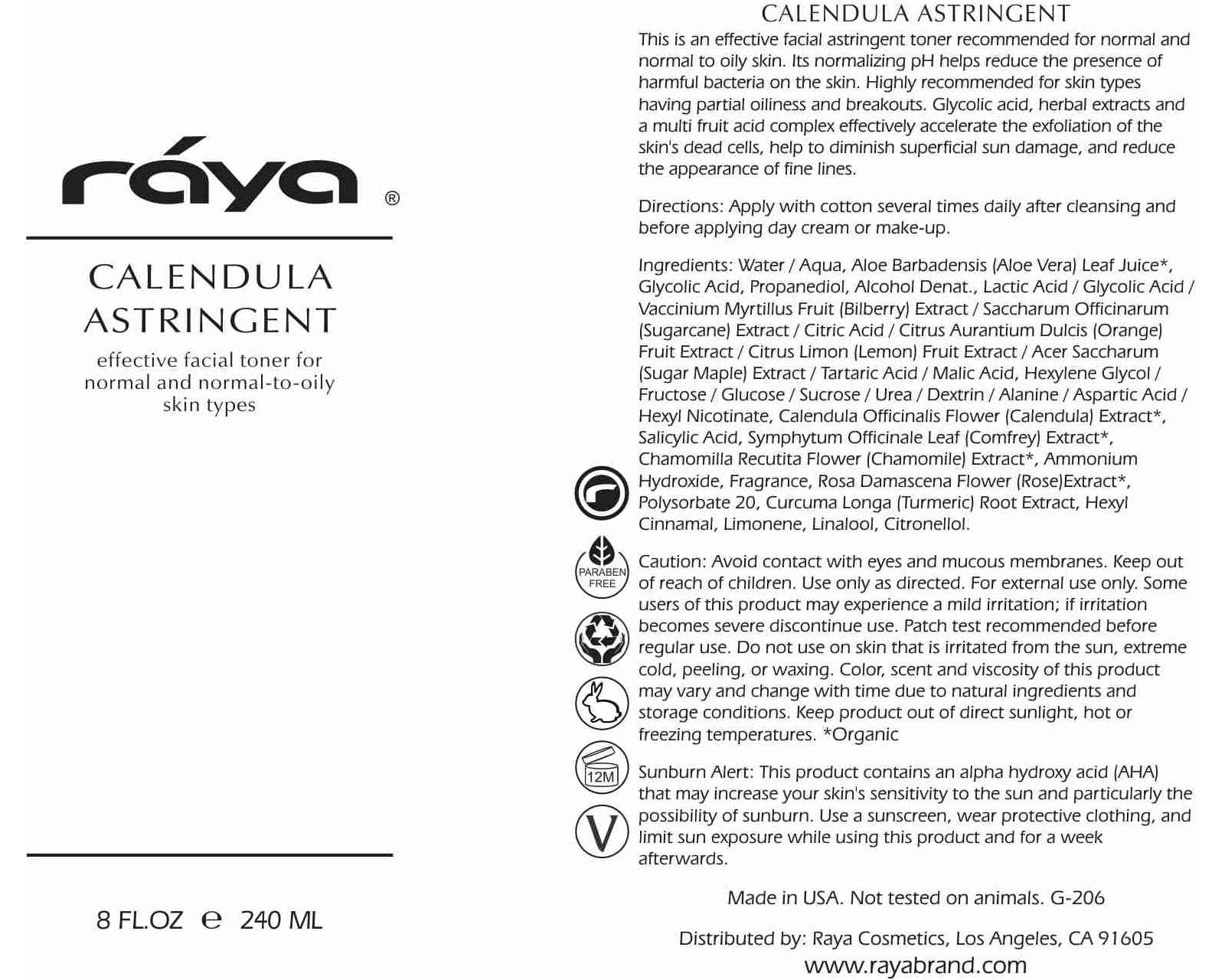 RAYA Calendula Astringent with AHA 8 oz (G-206) | Glycolic Facial Toner for Combo and Partially Oily Skin Prone to Break-Outs | Helps Normalize pH and Fight Bacteria | Made with Alpha Hydroxy Acids