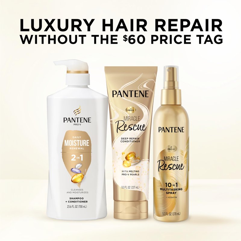 Pantene 2-in-1 Shampoo & Conditioner, Daily Moisture Renewal - Pro-V Nutrients for Dry, Color-Treated, Straight to Curly Hair, 72-Hour Hydration & Softness, 27.7 Oz Each, 2-Pack + Rescue Shot (0.5 Oz)