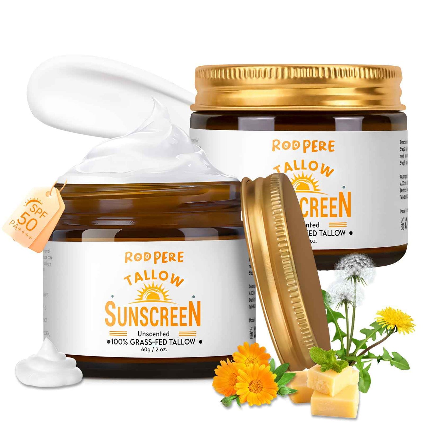 Beef Tallow Sunscreen SPF 50 For Face & Body, 2 PCS Natural & Organic Tallow Sun Balm With Zinc, Hyaluronic Acid For Sensitive Skin, Broad Spectrum, Moisturizing, Reef Safe, No White Residue