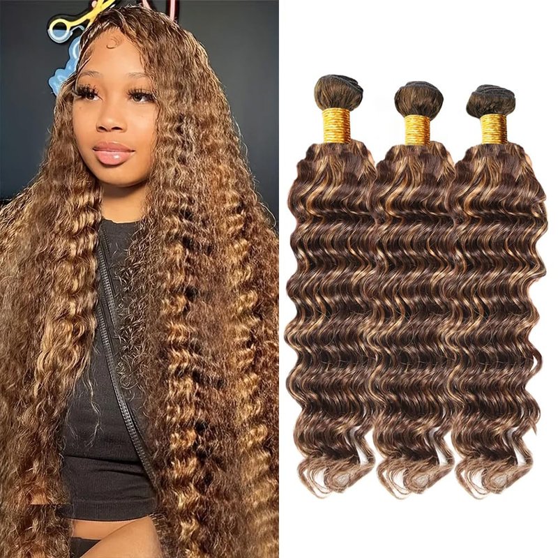 Biliisyff P4/27 Highlight Blonde Human Hair Bundles Ombre Brown Deep Wave 8 10 12 Inch Brazilian Virgin Remy Hair Extensions Two Tone Brown Mixed with Honey Blonde Soft and Silky