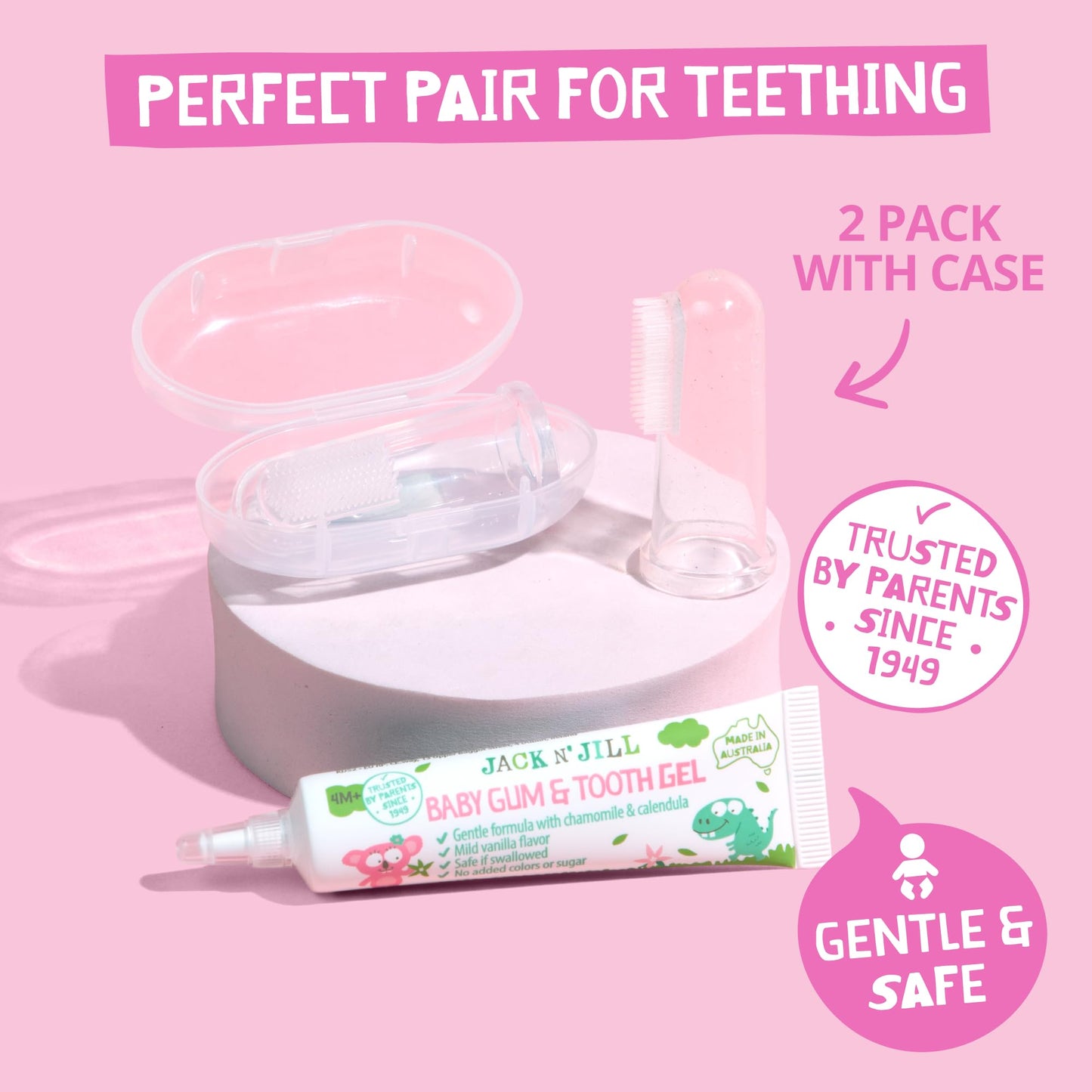 Jack N' Jill Stage 1 Silicone Finger Toothbrush, Baby Gum and Tooth Gel Bundle - Baby Toothbrush 6 to 12 Months, Natural Gum and Teething Relief Gel - Two Brushes Plus Case, 0.5 Fl Oz