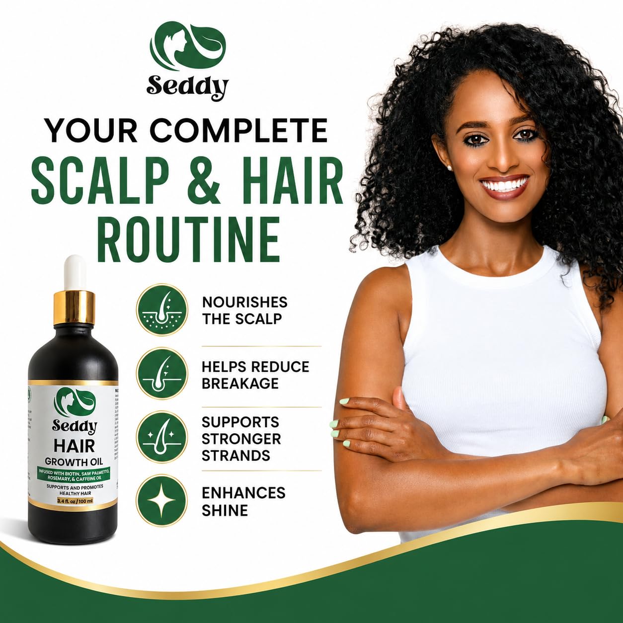 Seddy Hair Growth & Strengthening Oil with Caffeine, Rosemary, Castor, Biotin, Peppermint, Argan & Jojoba Oil & Detangling Brush, Painless Curly Hair Care Tool, Frizz-Free, Effortless Detangling