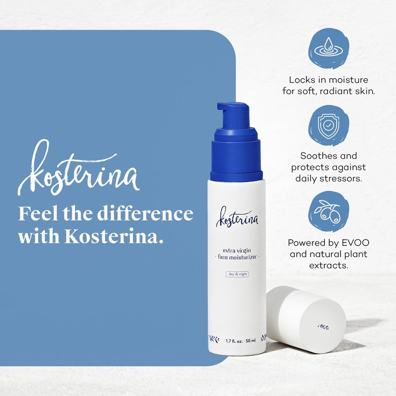 Kosterina Extra Virgin Daily Face Moisturizer | Hydrating, Soothing Natural Face Cream with Antioxidants, Olive Oil, Squalane & Hydroxytyrosol | 1.7 oz