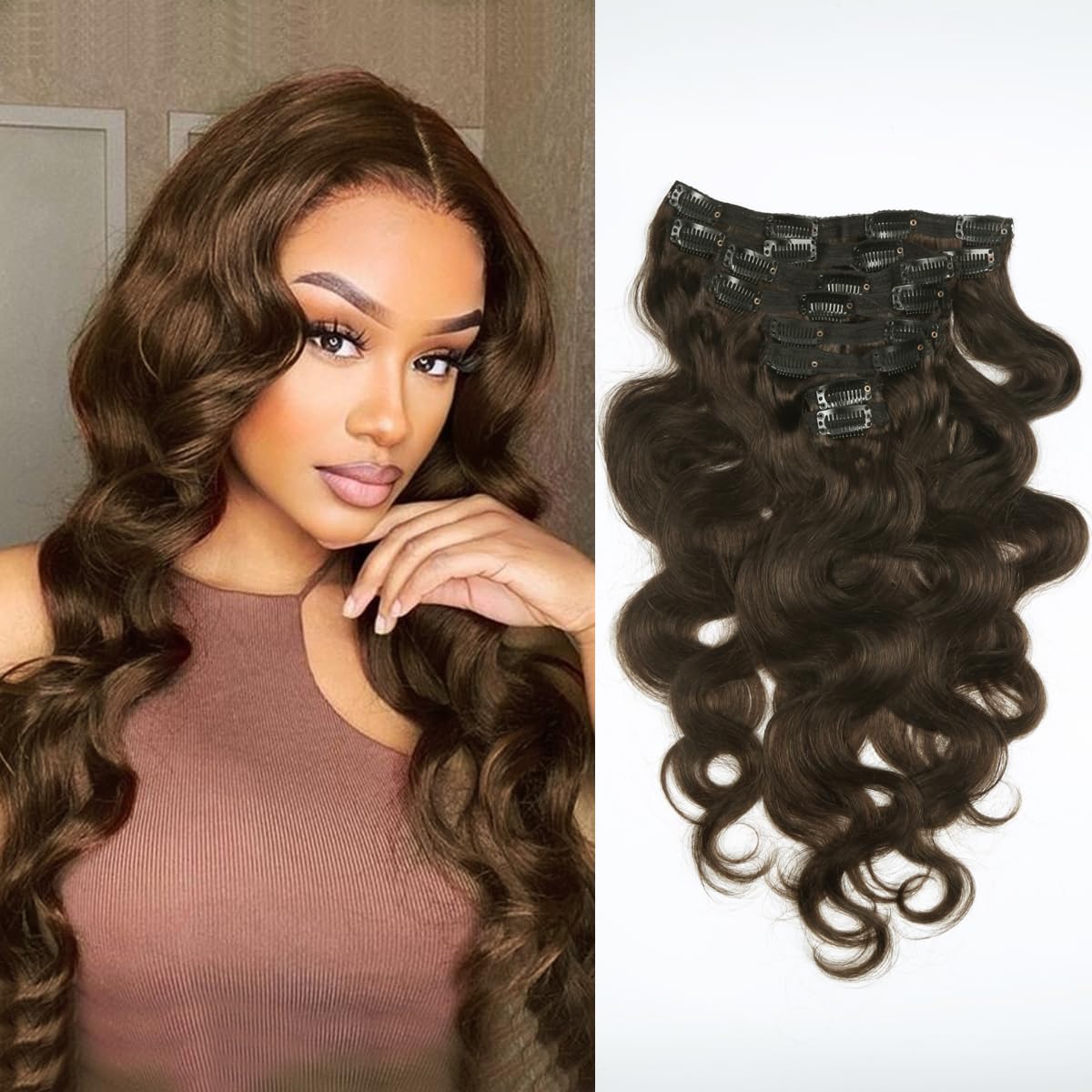 Clip in Hair Extensions Real Human Hair 14 Inch Remy Human Hair Extensions for Women Double Weft Seamless Clip ins Brazilian Body Wave Virgin Human Hair Extensions 8Pcs 100g 20 Clips Dark Brown