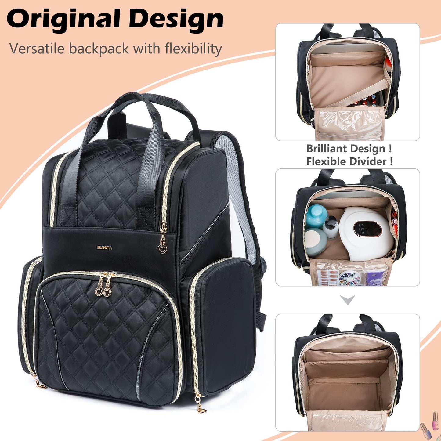ELCUPA Nail Polish Organizer Backpack Holds 48 Bottles (0.5 Fl Oz) and a Nail Dryer, Nail Polish Storage Bag With 2 Removable Boxes for Nail Suppliers,Nail Kit, Gel Polish