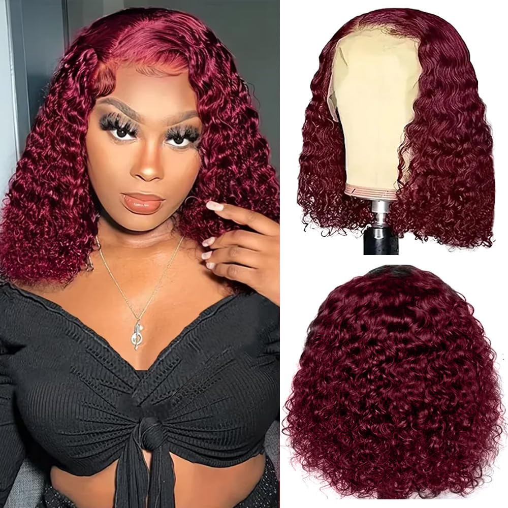 Jinhongze 99J Burgundy Bob Wigs Human Hair Burgundy Curly Lace Front Wigs Human Hair 13x4 Lace Front Wigs Short Curly Bob Wigs Deep Curly Lace Front Wigs for Black Women 8 Inch