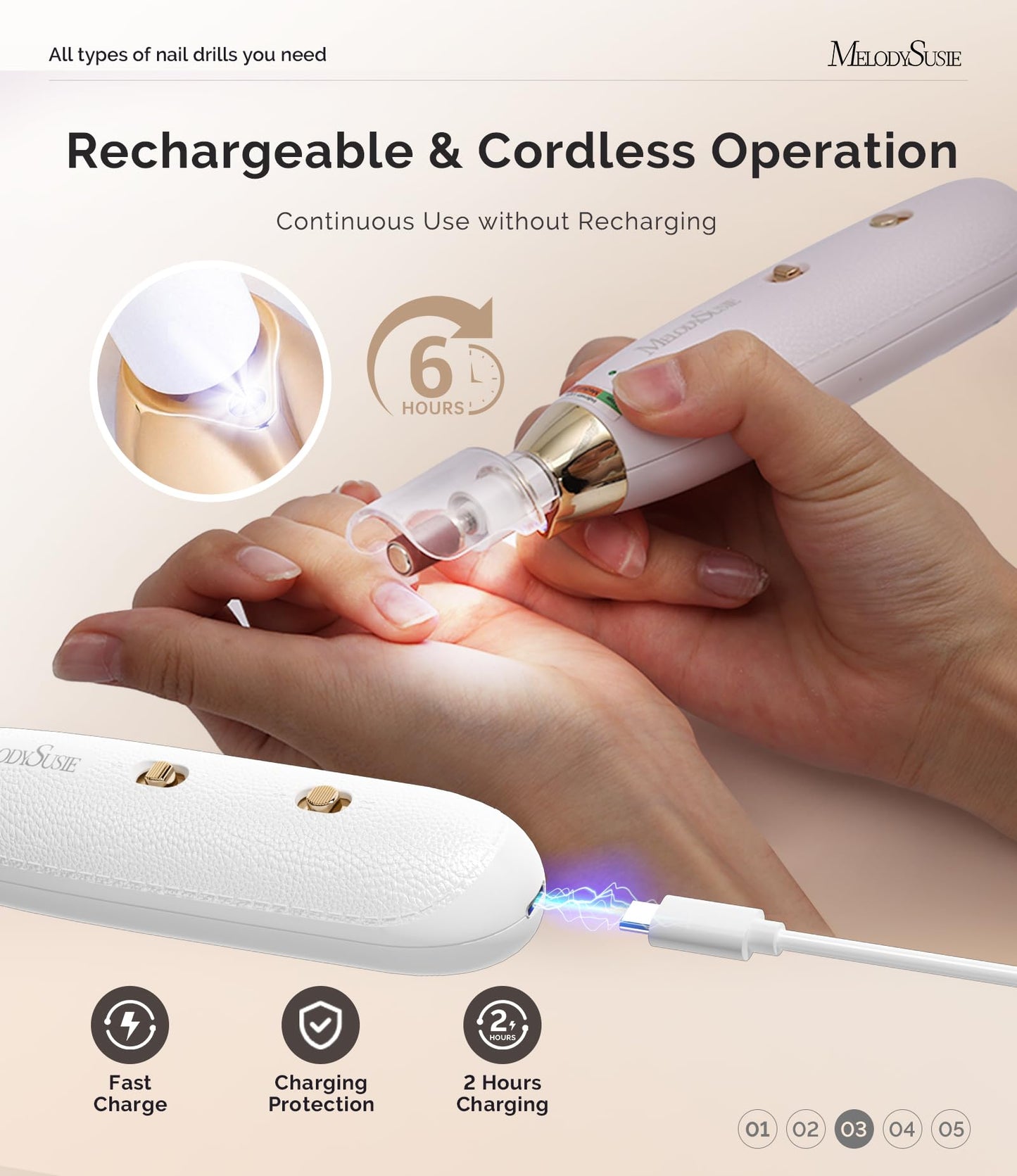 MelodySusie Professional Manicure Pedicure Kit, Cordless 8-in-1 Electric Nail Drill with 20 Speeds, Rechargeable E-File for Thick Nails & Cuticles, Ideal Foot Care for Women Men-PC650E (White Gold)
