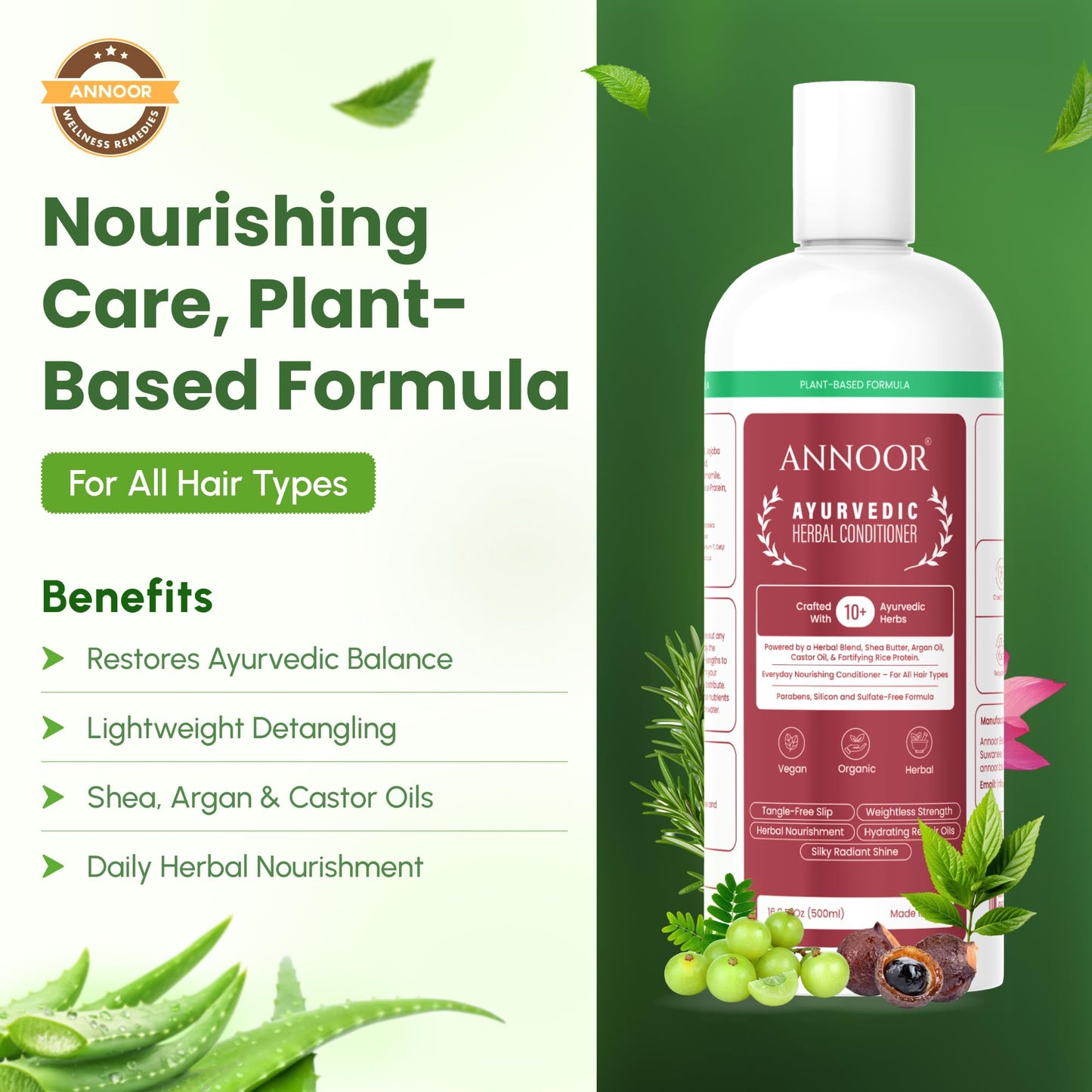 Annoor Ayuverdic Herbal Conditioner 16.9 Fl Oz | Plant-Based | Paraben and Sulfate-Free | With Shea Butter, Argan Oil, Castor Oil, Rice Protein and 10+ Herbs | Shine, Volume and Strength