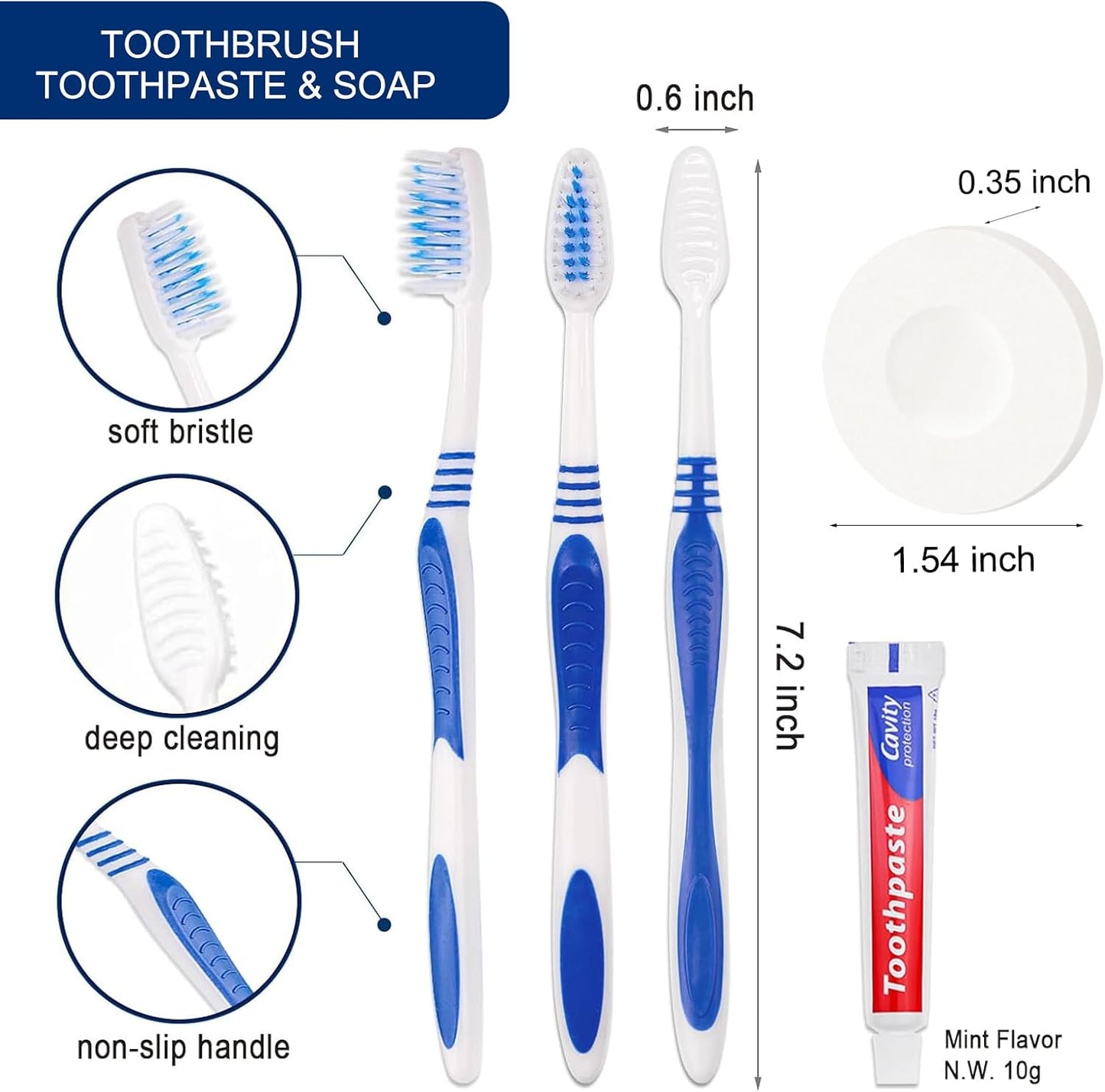 Disposable Toothbrush Set - 50 Individually Wrapped Toothbrushes with Toothpaste & Soap | 5 Colors, 0.5 oz Bars
